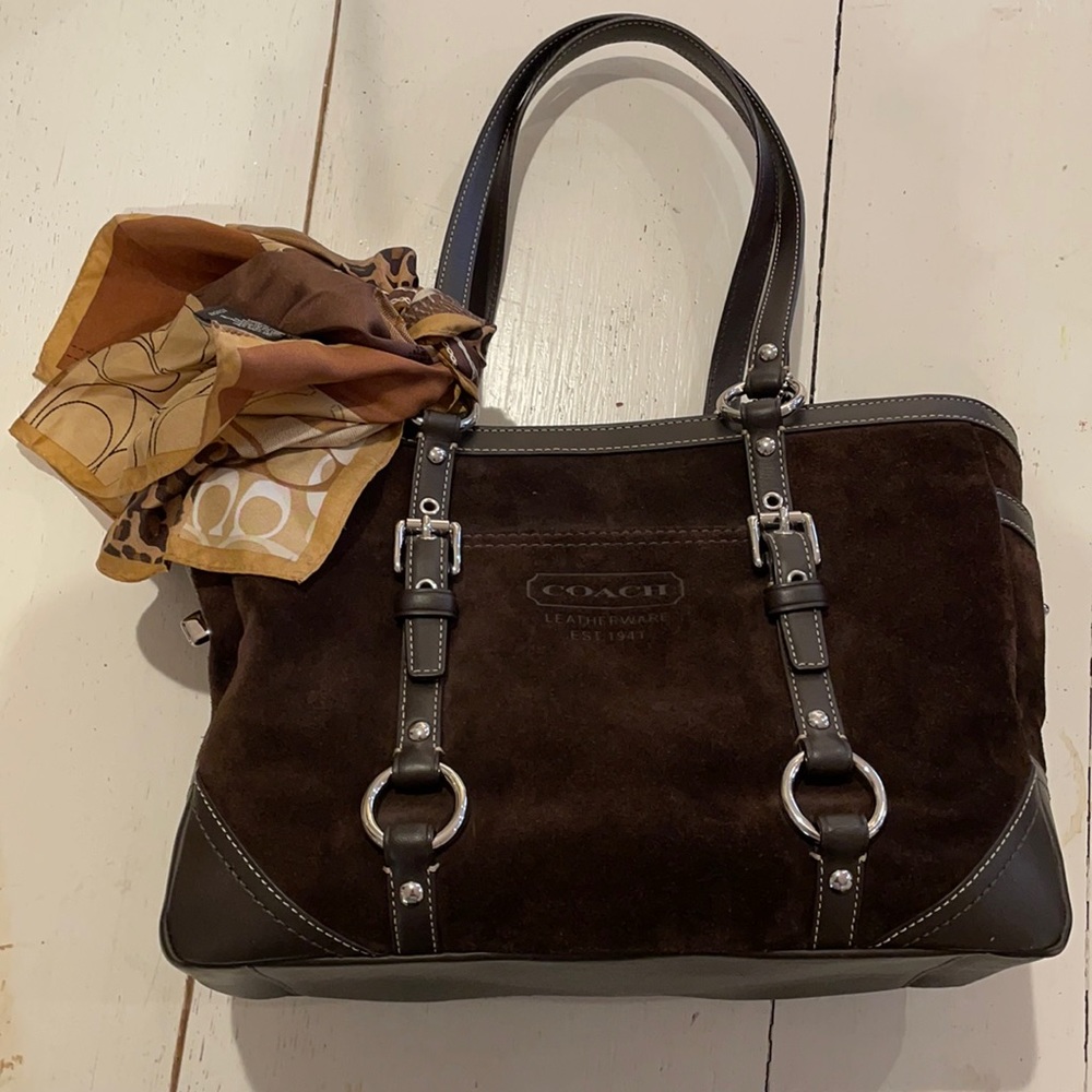 Coach brown suede purse with scarf